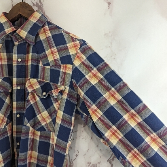 Vintage Levis Shirt Mens Small Blue Orange Plaid Pearl Snap 80s Workwear Cowboy - Picture 15 of 15